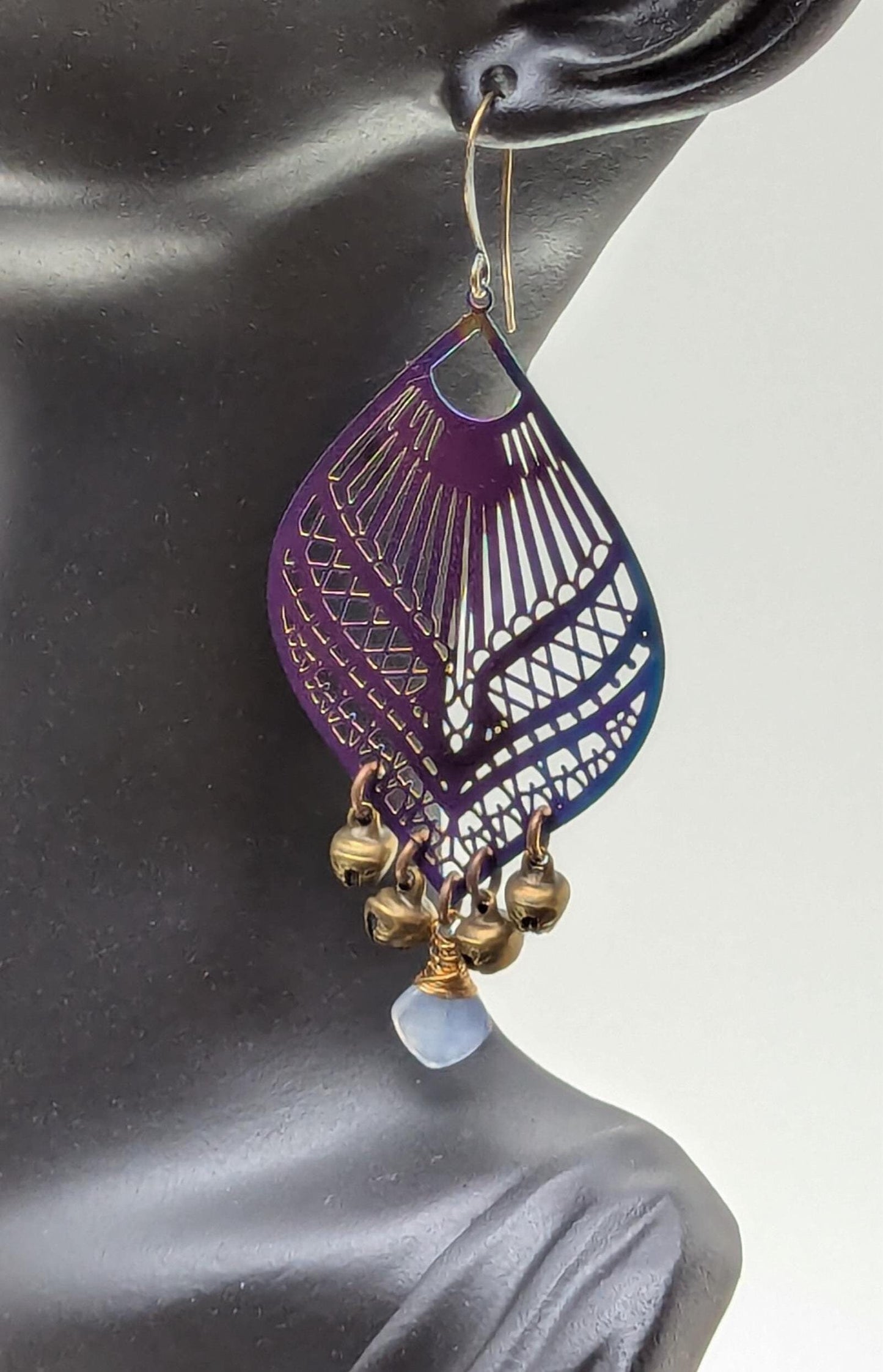 Boho Brass Bell Earrings with Chalcedony Gemstone and Multi-Color Filigree