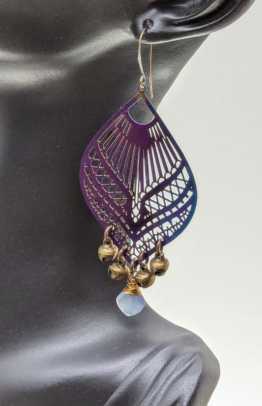 Boho Brass Bell Earrings with Chalcedony Gemstone and Multi-Color Filigree